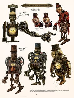 an image of steampunk characters in various poses and positions with clocks on them