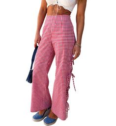 PRICES MAY VARY. Material: Polyester and cotton blend. Y2k plaid long pants, wide leg plaid print lounge pants, super soft, skin friendly, breathable, relaxed fit, are perfect for staying cool and stylish all season long. Feature: Plaid wide leg pants, side bow tie pants pajama trousers, tie up legs that give you the freedom to adjust the fit and a loose silhouette, hollow out, elastic high waist, summer sweatpants pajama bottoms, gingham lounge pants. Style: Women girls loose plaid pants, bow t Pants With Ruffles Bottoms, Fun Pants Women, Uga Gameday, Pajama Trousers, Summer Sweatpants, Fall Gingham, Gingham Trousers, Bow Tie Pants, Gameday Fits