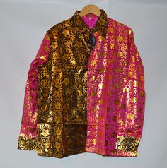 Cool Funky Hand crafted Shiny Metallic gold dual colour shirt One of a kind stand out  shirt floral print material cotton polyester with gold print One Size M/L length Chest 60 cm (120cm; all way round) Length 75 cm Gold Party Shirt For Spring, Gold Spring Party Shirt, Festive Gold Tops, Multicolor Long Sleeve Shirt For Festivals, Festive Long Sleeve Tops With Gold Embroidery, Traditional Long Sleeve Gold Top, Gold Festive Blouse For Fall, Festive Gold Blouse For Fall, Festive Yellow Long Sleeve Tops