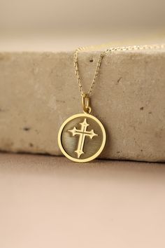 Gold Cross Pendant - Cross Gold Necklace ● Material of pendant: Solid Gold 14k ( REAL GOLD ) ● Metal Stamp: 14k ( REAL GOLD ) ● The pendant is available in 5 sizes: - 12,7 mm / 0.5 inches (Diameter) - 14,0 mm / 0,55 inches ( Diameter ) In the photos - 15,3 mm / 0.6 inches ( Diameter ) - 16,5 mm / 0,65 inches ( Diameter ) - 19,1 mm / 0,75 inches ( Diameter ) ( In the photos the size is 14mm / 0.55 inches Diameter ) ( Jump Ring inner diameter: 4 mm ) ● Material of chain: Solid gold 14k ( REAL GOLD Yellow Gold Locket Jewelry For Commemoration, Gold Pendant Jewelry For Memorial, Gold Locket Necklace For Commemoration, Gold Cross Locket Necklace, Gold Memorial Necklaces, Memorial Gold Pendant Jewelry, 14k Gold Necklaces With Polished Finish For Memorial, 14k Gold Necklace With Polished Finish For Memorials, Round Locket Jewelry For Commemoration