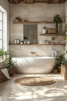 a bath room with a round rug on the floor and plants in baskets next to it