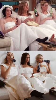 three women in wedding gowns eating popcorn and drinking beer