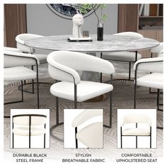 the modern dining room table and chairs are all in different styles, colors, and shapes