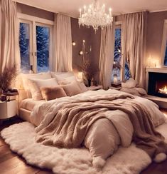 a bedroom with a large bed covered in blankets and pillows next to a fire place