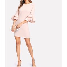 New This Elegant Bodycon Dress Has A Round Neckline And Three Quarter Length Sleeves That Feature Large Layered Ruffles For A Statement Look That Is Classy And Sassy. Zippers Down The Back All The Way To The Waist. Material: Polyester And Spandex. Size Medium: Shoulder-14.6 In. Bust-32.7 In. Waist-28.3 In. Hip-33.7 In. Length-33.5 In. Sleeve Length-16 In. Poshmark Ambassador And Top Rated Seller Elegant Bodycon Dress, Ruffle Sleeve Dress, Pink Ruffle, Round Neckline, Ruffles, Bodycon Dress, Dresses With Sleeves, Sleeve Length, Pink