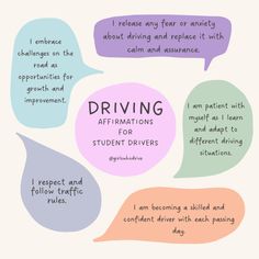 the words driving affirmmations for student drivers are shown in different speech bubbles