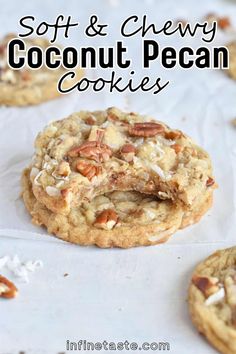 soft and chewy coconut pecan cookies with text overlay