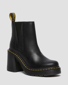 Ladies Chelsea Boots, Dr Martens Leona, Chelsea Boots Heel, Lug Boots, Black Dr Martens, Heeled Chelsea Boots, Leather Heeled Boots, Black Chelsea Boots, Goodyear Welt