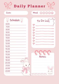 a daily planner with bunny and hearts on the side, including to do list for babys