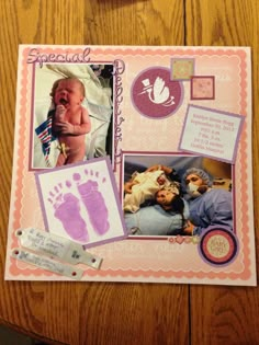 a baby's hand and foot prints are displayed on a wooden table with other items