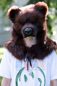 a person wearing a bear's head on their face