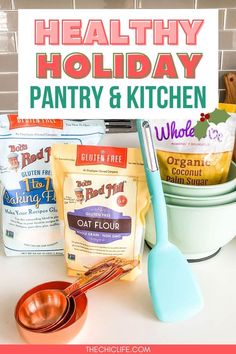 Healthy holiday pantry and kitchen - healthy flours, gluten free flour, natural sweeteners, measuring cups, spatula Healthy Holiday Baking, Cooking Projects, Coconut Flower, Healthy Flour, Kitchen And Pantry, Kitchen Favorites, Pantry Food, Avoid Processed Foods, Healthy Holiday Recipes