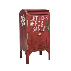 a red wooden cabinet with letters for santa written on the front and bottom, sitting against a white background