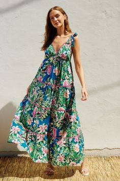 Step into paradise with our Oceanic Florals Dress! This maxi dress features a vibrant tropical print and contrast lace trim, adding a touch of whimsy to any outfit. The V-neck and adjustable straps ensure a perfect fit, while the tiered flowy skirt and elastic waist provide comfort. Lined and made from a blend of soft 50% cotton and lightweight 50% rayon, this dress is perfect for any summer occasion. Sizing: runs true to size; size chart included in the photos Flying Tomato, Mom Tumbler, Flying Monkey, Jumpsuit Shorts Rompers, Flowy Skirt, Mule Flat, Short Jumpsuit, Shoes Booties, Sweatshirt Dress