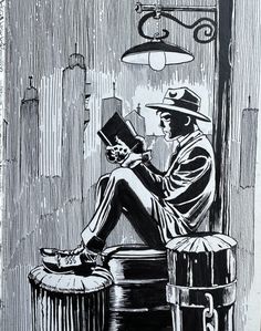 a black and white drawing of a man sitting on top of a barrel next to a lamp