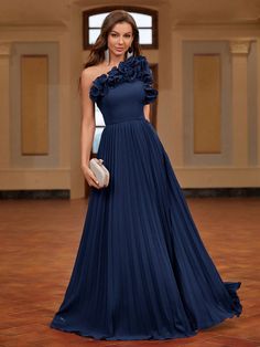 Sunburst Pleats, One Shoulder, Handmade 3D Flower Women's Evening Gown (Heavy Style) Elegant Formal Prom Wedding Guest Dress, For Graduation, Dinner Navy Blue Party  Sleeveless Chiffon Plain A Line Non-Stretch  Weddings & Events, size features are:Bust: ,Length: ,Sleeve Length: Navy Blue Chiffon Dress Long, Navy Swatch, Night Blue Dress, Navy Blue Evening Dress, Navy Blue Evening Gown, Party Dresses Long, Navy Blue Formal Dress, Womens Evening Gowns, Navy Blue Party