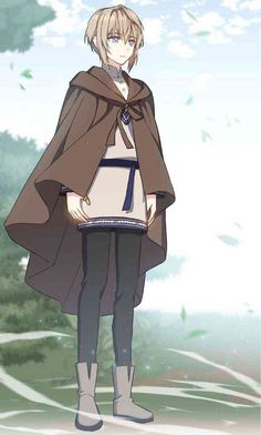 an anime character is standing in front of some trees and grass, wearing a cape