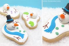 two pictures of decorated cookies in the shape of snowmen