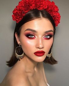 Red Eye Make Up Aesthetic, Red Rose Makeup Look, All Red Makeup Looks, Red Valentines Makeup Looks, Red Look Make Up, Lunar New Year Makeup Look, Glam Red Makeup, Valentines Makeup Red, Red Eyebrows Makeup