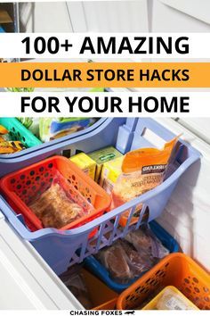 an open refrigerator door with plastic containers in it and the words, 100 + amazing dollar store hacks for your home