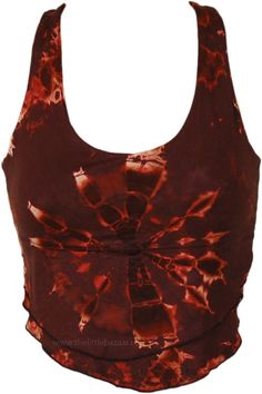 This soft crop top has a smoldering hot looking tie-dye color and a hippie style of its own, for a stylish free-spirited look. It goes with any bohemian lowers! The tie dye is on a brown base color. #tlb #Sleeveless #beachwrap #bohemianfashion #Handmade #TieDye #BohemianTop Fitted Tie Dye Cotton Crop Top, Fitted Cotton Tie Dye Crop Top, Tie Dye Fitted Cotton Crop Top, Fitted Acid Wash Crop Top For Summer, Fitted Bohemian Tops With Batik Print, Bohemian Tie Dye Crop Top, Bohemian Tie-dye Crop Top For Festivals, Fitted Tie-dye Crop Top For Festivals, Fitted Bohemian Batik Print Top