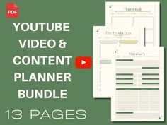 the youtube video and content planner bundle is shown with text that reads, 13 pages