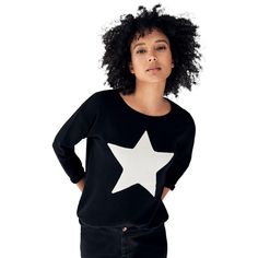 Star applique at front. Scoop neck. Long sleeves with drop shoulders. Decorative rolled edges at neckline, sleeve cuffs, hem. Relaxed Fit Star Print Top For Fall, Applique Sweater, Star Applique, Scandinavian Lifestyle, Swedish Fashion, Tunic Tank Tops, Boatneck Sweater, Swimsuits For All, Plus Size Sweaters