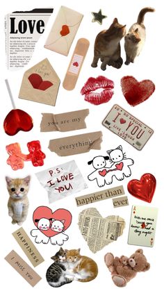 an assortment of stickers that include cats and hearts