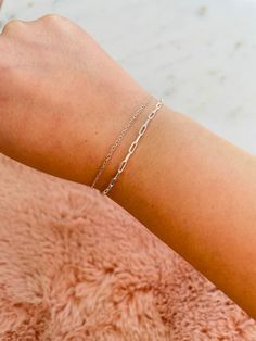 "Set of two dainty bracelets. One paperclip chain bracelet & one cable chain bracelet. Made to order!  D E T A I L S * Materials: Gold Filled & Sterling Silver (.925) * Colors available: Silver, Gold, & Rose Gold * Chains: Paperclip Chain & Cable Chain S I Z I N G * Please measure your wrist before ordering (you should leave a little extra space from your wrist's measurement). If your wrist measures 7\" it is recommended to order 7.5\" for extra comfort. If you don't know what size to order, measure a good fitting bracelet from end to end, or grab a piece of string measure your wrist, and then measure the string from end to end. If you have any questions, you can message me :)  P A C K A G I N G In an effort to minimize packaging materials & waste, bracelets are sent in jewelry cards. If y Silver Chain Paperclip Bracelet As Gift, Silver Paperclip Bracelet With Delicate Chain, Silver Chain Paperclip Bracelet For Gift, Silver Delicate Chain Paperclip Bracelet Gift, Adjustable Silver Paperclip Bracelet With Delicate Chain, Silver Adjustable Paperclip Bracelet With Delicate Chain, Silver Paperclip Bracelet With Delicate Adjustable Chain, Everyday Silver Chain Charm Bracelet, Minimalist Rose Gold Chain Bracelet With Paperclip Chain