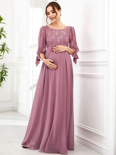 Half Sleeve Lace Split Sleeve A-line Chiffon Maternity Dress Chiffon Maternity Dress, Formal Maternity Dress, Maternity Wardrobe, Pregnant Wedding Dress, Split Sleeve, Pregnancy Wardrobe, Half Sleeve Dresses, Baby Bump, Chiffon Lace