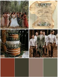 the wedding color scheme is brown, green, and white with greenery on top