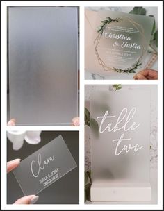 the wedding stationery is shown with silver foil and greenery, including an acrylic