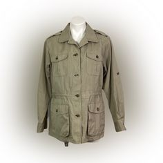 Travelsmith -Heavy Cotton Poplin -Khaki -Safari/Hiking Jacket(New Without Tags) Size-M 4_flap Button Down Pockets Epaulets At The Shoulders Two Zip Pockets On The Inside Button Closure Down The Front Drawstring At The Waist For A More Flattering Silhouette If Desired Two Button Cuffs Comes With Three Extra Buttons 100% Heavy Cotton Poplin Khaki Parka With Multiple Pockets For Workwear, Khaki Parka With Flap Pockets For Work, Khaki Utility Parka For Work, Collared Khaki Outerwear For Outdoor, Khaki Collared Outerwear For Outdoor, Khaki Workwear Parka With Multiple Pockets, Khaki Long Sleeve Utility Jacket For Travel, Outdoor Khaki Utility Jacket With Button Closure, Khaki Collared Utility Outerwear