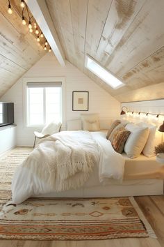 an attic bedroom with white walls and wood flooring is decorated in neutral tones, including the bed