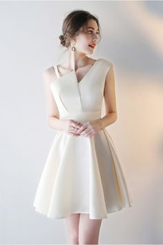 Champagne Short Homecoming Party Dress with Asymmetrical Straps Champagne Party Dress, Simple Cocktail Dress, Homecoming Party, Gaun Fashion, White Cocktail Dress, Party Dress Short, Cocktail Party Dress, Beautiful Clothes, Formal Party