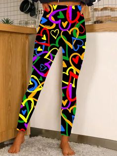 Painted Shoes Diy, Classy Wear, Leggings Style, Hearts Print, Colour Combos, Rainbow Fashion, Glitter Print, Colored Pants, Loose Outfit