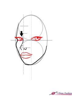 a drawing of a woman's face with red eyes and an arrow pointing to the right