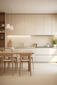 the kitchen is clean and ready to be used for dinner or lunchtime, with no one in it