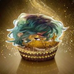 a digital painting of a cupcake with blue and green hair on it's face