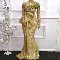 Gold Evening Dresses Long Sleeves Lace Ruffled Nigeria Arabic Formal Dress | eBay Fall Wedding Dress With Ruffles, Winter Wedding Dress With Ruffles, Long Sleeve Wedding Dress With Ruffle Hem, Winter Evening Dresses With Ruffles, Fitted Long Sleeve Ruffle Dress For Party, Peplum Party Dress With Ruffles, Party Peplum Dress With Ruffles, Fall Evening Peplum Dress, Formal Long Sleeve Ruffle Dress