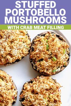 stuffed mushroom mushrooms with crab meat filling on a white plate and text overlay that reads stuffed mushroom mushrooms with crab meat filling