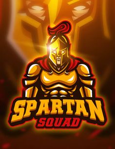 the spartan squad logo is shown on a dark background with red and yellow colors,