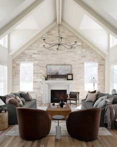 a living room filled with furniture and a fire place in the middle of a room