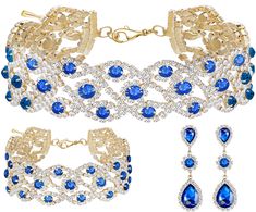 PRICES MAY VARY. ❤ FLOWER DESIGN: September sapphire blue birthstone gold rhinestone jewelry set September sapphire blue statement choker necklace rhinestone crystal link bracelets teardrop drop dangle earrings are flower design. The flower design rhinestone dotted with the white round crystal, the classic and elegant design always keep pace with fashion, never goes out of style. Easy to match any outfits. It makes you impressive anytime any occasion. ❤ Brand Name: Paxuan. Material: AAA quality Blue Cubic Zirconia Jewelry For Party, Blue Cubic Zirconia Party Jewelry, Formal Jeweled Choker Jewelry, Jeweled Crystal Jewelry Sets As Gift, Jeweled Crystal Jewelry Sets For Gifts, Costume Jewelry Choker With Bling, Crystal Jewelry Sets As Gift, Sapphire Cubic Zirconia Jewelry Set For Party, Costume Jewelry Bling Choker