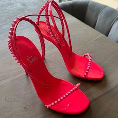 Brand New, Never Worn, Size 38, 100mm So Me Pink (Neon) Heels. Authentic Louboutins. Red Spiked Heels For Party, Designer Spiked High Heels, Designer Spiked Open-toe Heels, Designer Spiked Heels For Party, Designer Party Heels With Spikes, Neon Heels, Pink Stilettos, So Me, Louboutin Heels