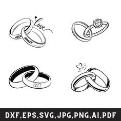 four wedding rings with the words i love you and two hearts on each one, drawn in