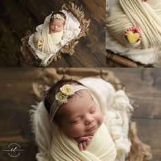 three pictures of a newborn baby wrapped in a blanket and wearing a flower headband