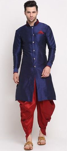 Blue color Dhoti Kurta in Dupion Silk fabric with Thread work Blue Traditional Drape Kurta For Festive Occasions, Festive Blue Kurta With Traditional Drape, Blue Bandhani Print Kurta For Navratri, Blue Art Silk Kurta With Traditional Drape, Royal Blue Traditional Drape Kurta For Festivals, Blue Sherwani With Zari Work For Navratri, Royal Blue Kurta With Pallu For Festivals, Blue Traditional Drape Sherwani For Festive Occasions, Traditional Drape Blue Sherwani For Navratri