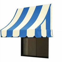 a blue and white striped awning on top of a building