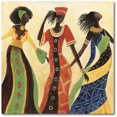 three african women in colorful dresses walking together, one holding her hand out to the other